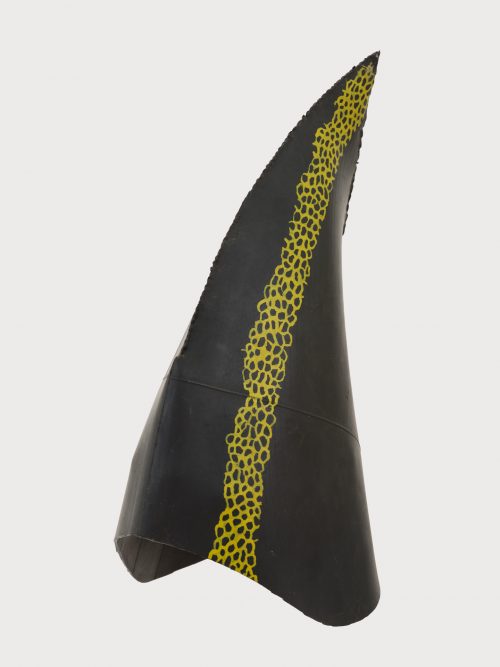 Black sharp fin shaped hat with gold along the centre